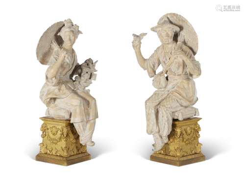A PAIR OF FRENCH TERRACOTTA CHINOISERIE FIGURES ON ORMOLU BA...