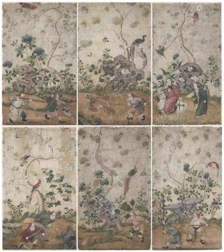 A SET OF SIX CHINESE HAND-PAINTED PAPER PANELS