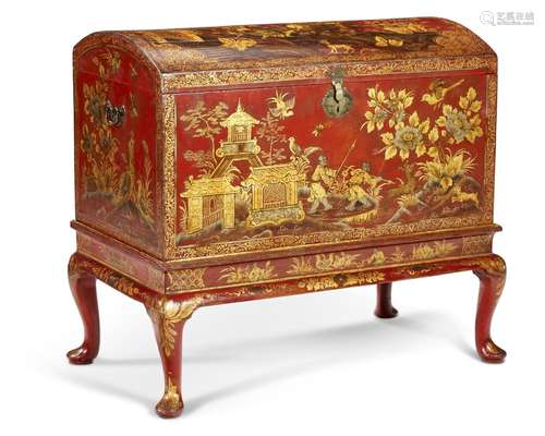 A GEORGE II SCARLET, GILT AND POLYCHROME-JAPANNED COFFER-ON-...