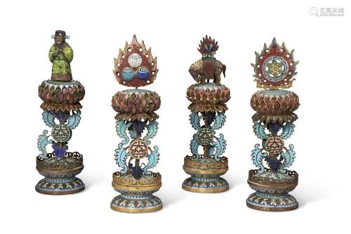 A SET OF FOUR CHINESE CLOISONNÉ ENAMEL ALTAR ORNAMENTS