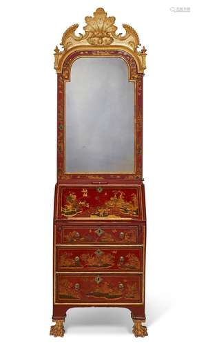 A GEORGE I SCARLET-JAPANNED AND GILT-GESSO BUREAU CABINET