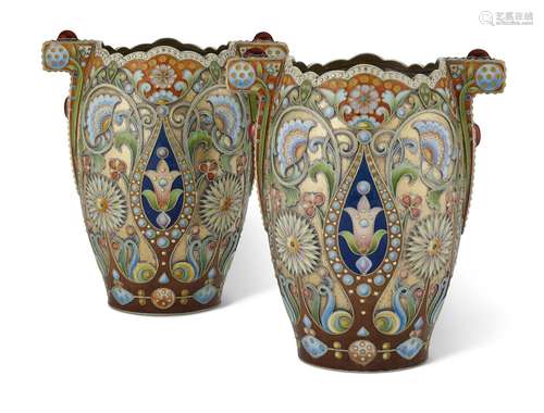 A PAIR OF GEM-SET SILVER-GILT AND CLOISONNÉ ENAMEL VASES