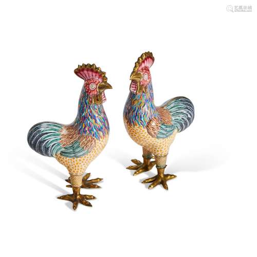 A PAIR OF CHINESE EXPORT GILT-METAL AND ENAMEL MODELS OF ROO...