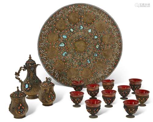 A GEM-SET GILT-BRONZE COFFEE SERVICE WITH TOPHANE CUPS