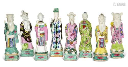 A GROUP OF EIGHT CHINESE EXPORT PORCELAIN FAMILLE ROSE FIGUR...