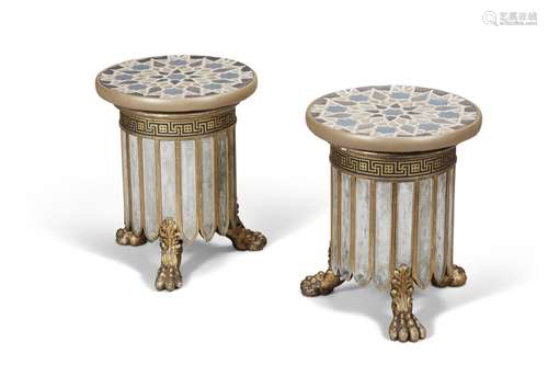 A PAIR OF REGENCY PARCEL-GILT, WHITE AND GREEN-PAINTED CIRCU...