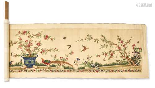 A CHINESE EXPORT PAINTED SILK WALL HANGING