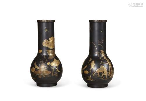 A PAIR OF JAPANESE LACQUERED BRONZE VASES