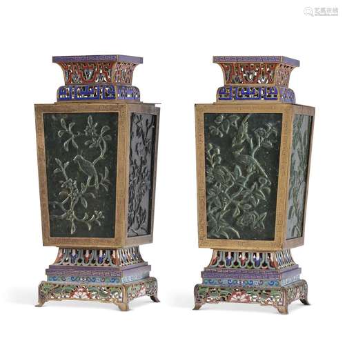 A PAIR OF CHINESE JADE AND CHAMPLEVÉ ENAMEL LANTERNS