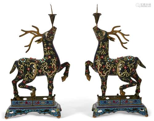 A PAIR OF CHINESE CLOISONNÉ ENAMEL DEER-FORM CANDLESTICKS