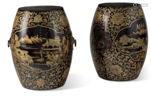 A PAIR OF CHINESE EXPORT GILT-DECORATED BLACK-LACQUERED WOOD...