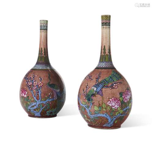 A PAIR OF CHINESE PALE-COPPER-RED-GLAZED AND ENAMELED 'P...