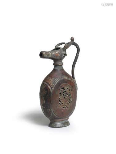 【R】A Khorasan copper-inlaid bronze bull's head ewer Persia, ...