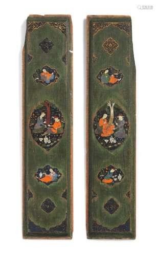 【R】Two large Safavid painted and lacquered wood panels Persi...