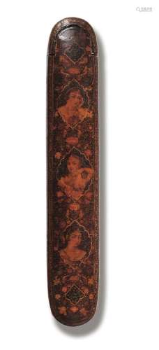 【R】A Zand lacquer penbox (qalamdan) depicting female portrai...
