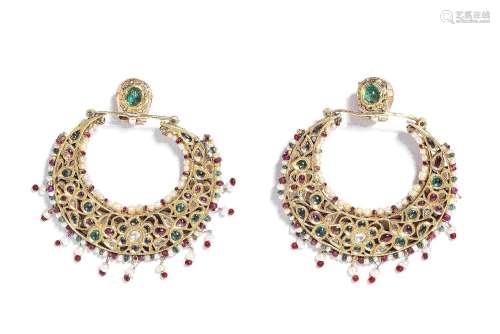 A pair of gem-set enamelled gold earrings  North India, 19th...