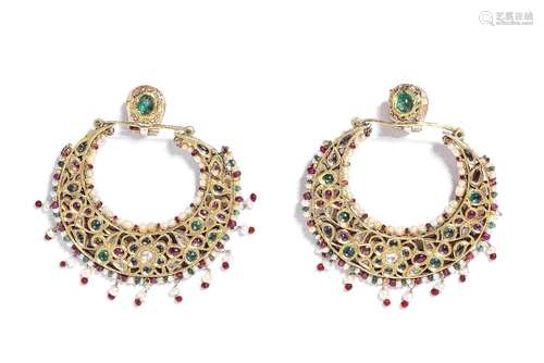 A pair of gem-set enamelled gold earrings  North India, 19th...