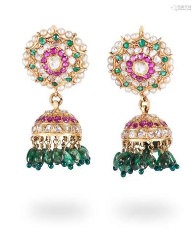 A pair of gem-set gold earrings India, 20th Century(2)