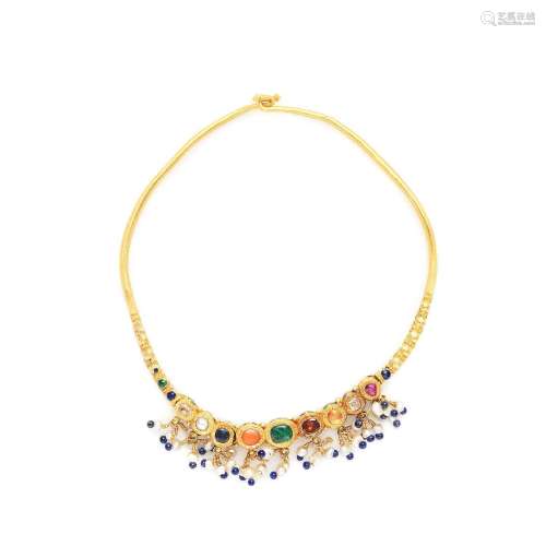 A gem-set enamelled gold navratna child's torque necklace No...