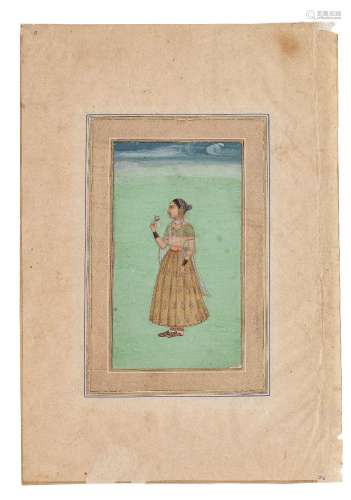A maiden in a landscape holding a flower Mughal, mid-18th Ce...