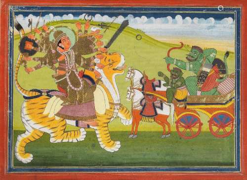 Durga in battle with demons mounted in a horse-drawn chariot...