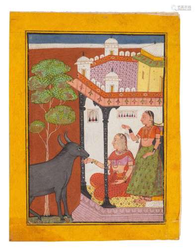 Vairati ragini two maidens seated in a pavilion visited by a...
