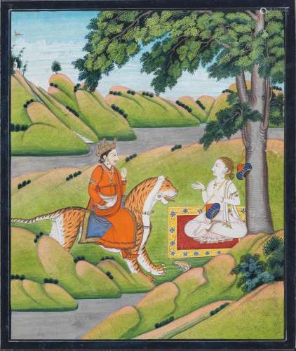 A king seated on a tiger meets the sage Narada Pahari, proba...