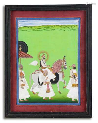 Maharana Fateh Singh (reg. 1884-1930) on horseback with atte...