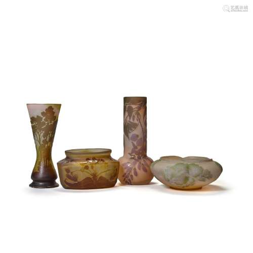 ÉMILE GALLÉ (1846-1904) Group of Three Vases and One Bowlcir...