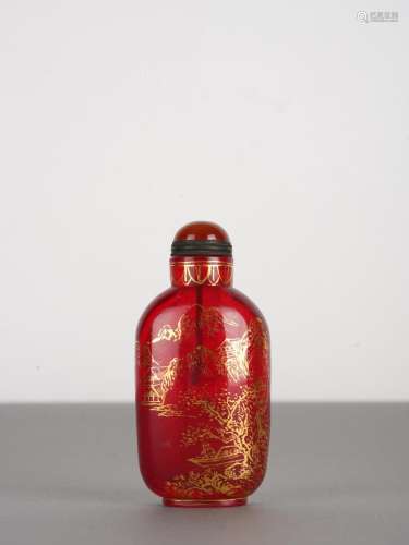 Chinese Qing Antique Red Glass Gilt Paint Snuff Bottle