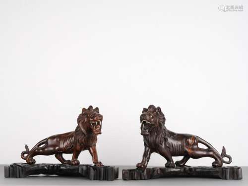 A Pair of Chinese Wooden Carved Lions