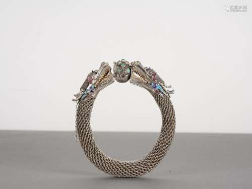 Chinese Qing Period Silver Enamel Dragon Bracelet