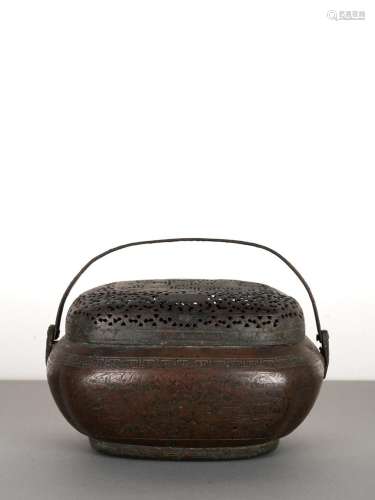 Chinese Qing Antique Bronze Engraved Handwarmer