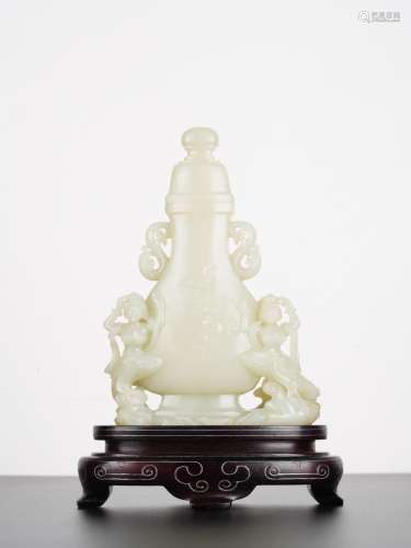 Chinese Antique White Jade Aspara Vase