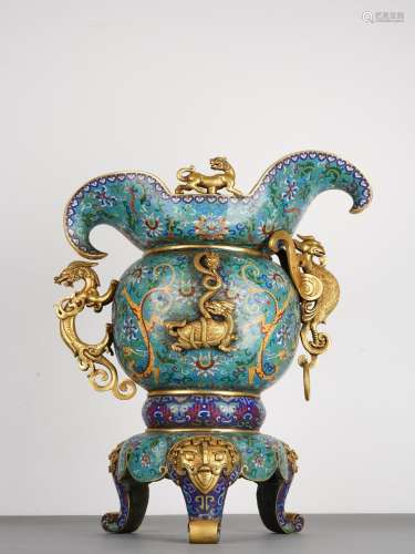 Unusual Qing Cloisonne Enamel Tripod Vase