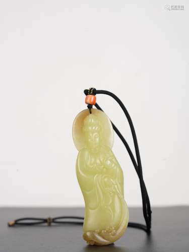 Chinese Antique Qing Yellow Jade Guanyin Pendant