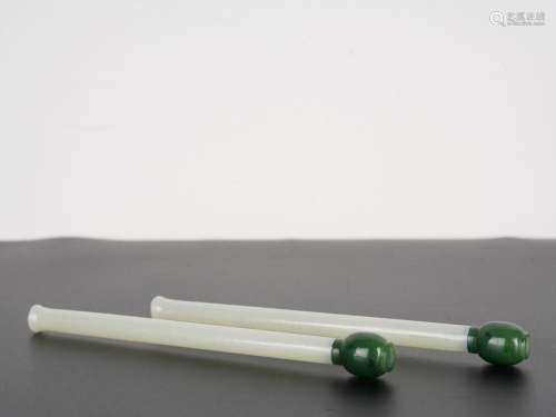 Antique Chinese Pair of Green and White Jade Brushes