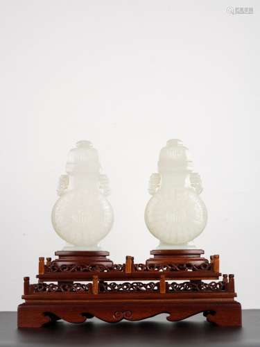 Chinese Pair of Hotian Nephrite White Jade Vases