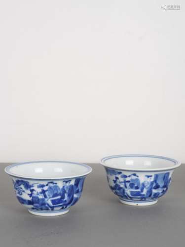 Chinese Pair of Blue and White Figures Bowls