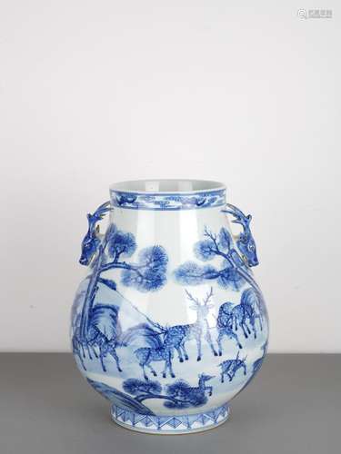 Chinese Antique Qing Blue and White Deer Vase