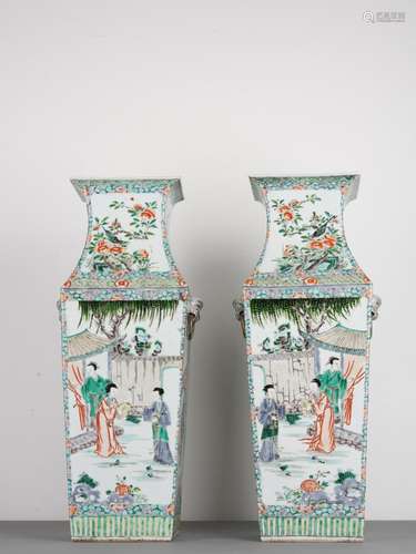 Two Large Famille Verte Qing Figural Story Scene Vases