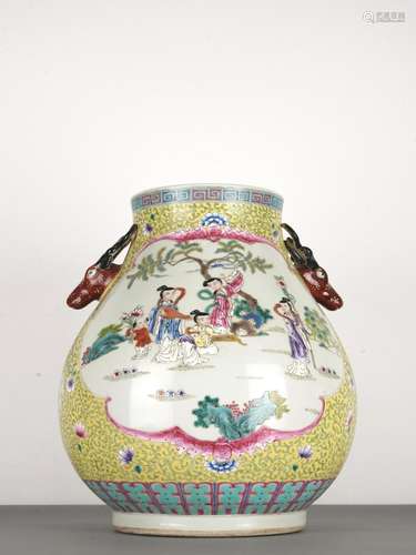 Chinese Famille Rose Figures Deer Handle Vase