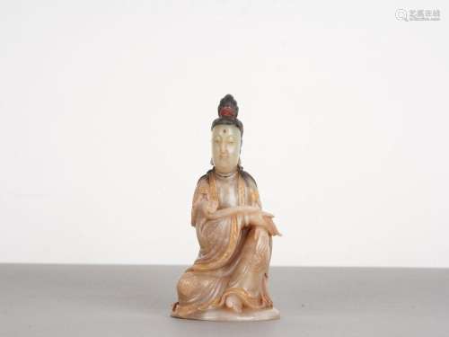 Chinese Qing Shoushan Stone Avalokitesvara Seated Statue