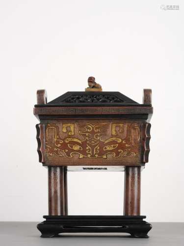 Chinese Qing Gold Inlaid Bronze Censer and Cover