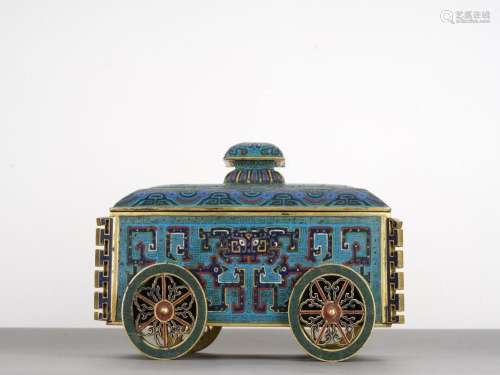 Rare Qing Antique 'Carriage' Cloisonne Enamel Box