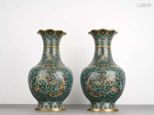 Two Qing Antique Cloisonne Enamel Dragon Phoenix Vases