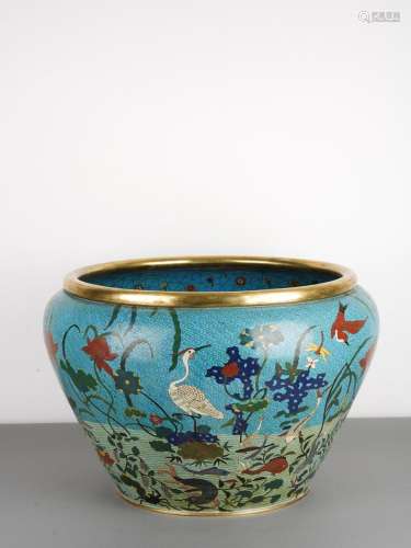 Chinese Qing Antique Cloisonne Enamel Crane Fish Jar