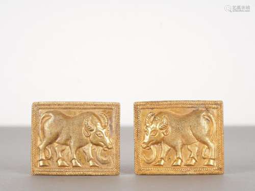 Pair of Chinese Antique Gilt Silver Buffalo Plaques