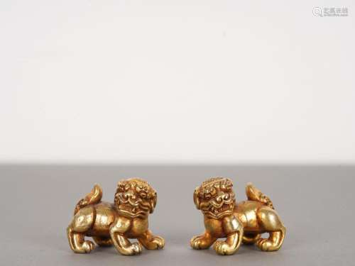 Pair of Chinese Antique Gilt Bronze Lions