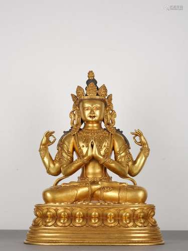 Chinese Antique Gilt bronze Four-armed Guanyin Statue